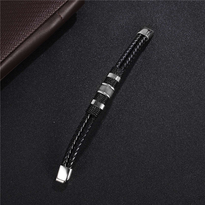 Fashion Black Braid Woven Leather Titanium Stainless Steel Bracelet for Men