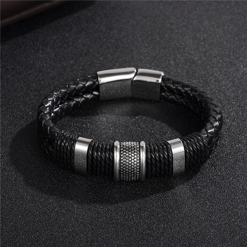 Fashion Black Braid Woven Leather Titanium Stainless Steel Bracelet for Men