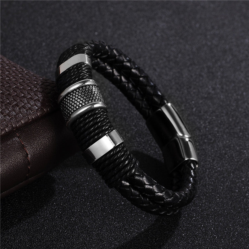 Fashion Black Braid Woven Leather Titanium Stainless Steel Bracelet for Men