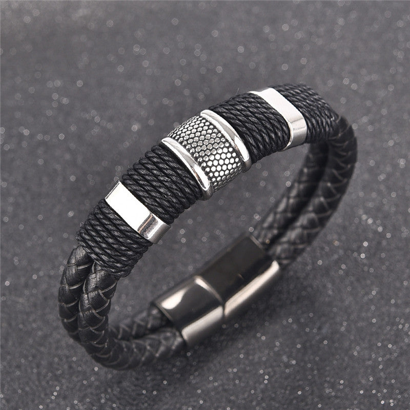 Fashion Black Braid Woven Leather Titanium Stainless Steel Bracelet for Men