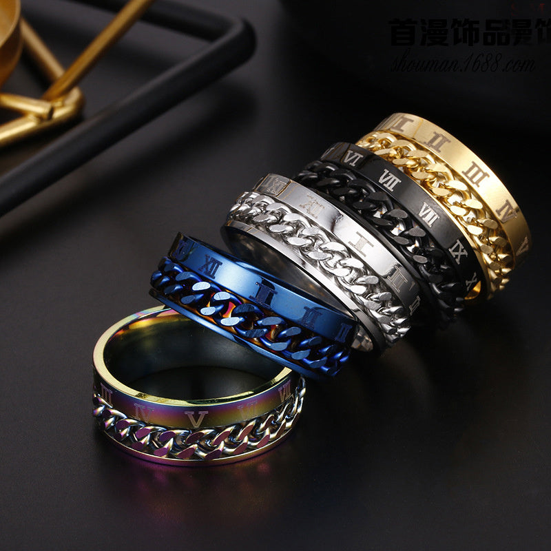 Roman Letter Rotatable Chain Rings Men Titanium Steel Ring High Quality Multifunctional Bottle Opener Ring Spinner Jewelry Gifts