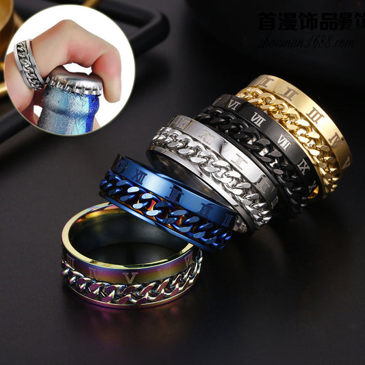 Roman Letter Rotatable Chain Rings Men Titanium Steel Ring High Quality Multifunctional Bottle Opener Ring Spinner Jewelry Gifts